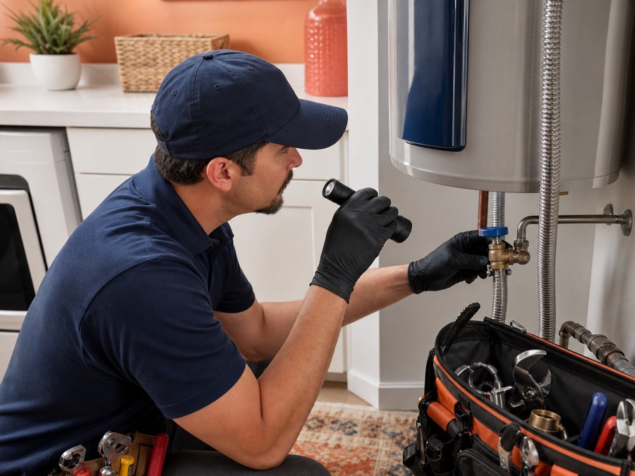 Plumber inspecting residential plumbing equipment